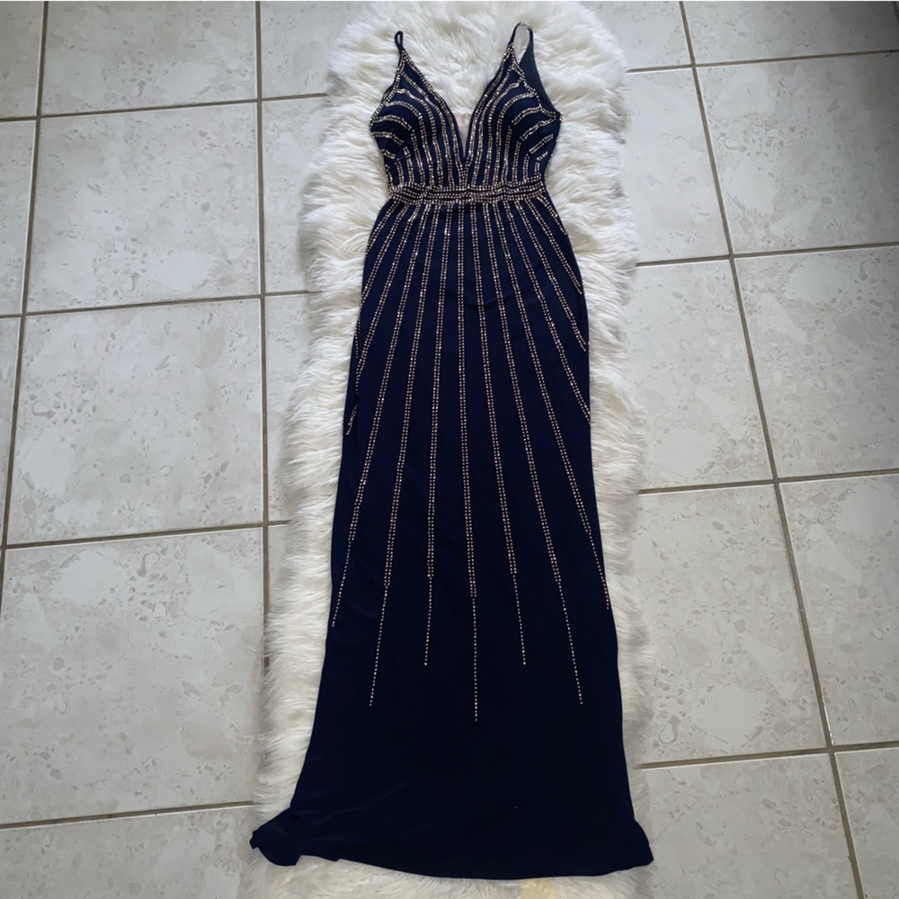 Avery G Rose Gold Beaded Dress in Navy Blue